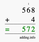 Calculate 568 + 4 using long addition