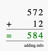 Calculate 572 + 12 using long addition