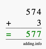 Calculate 574 + 3 using long addition