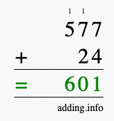 Calculate 577 + 24 using long addition