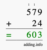 Calculate 579 + 24 using long addition