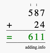 Calculate 587 + 24 using long addition