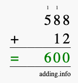 Calculate 588 + 12 using long addition