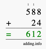 Calculate 588 + 24 using long addition