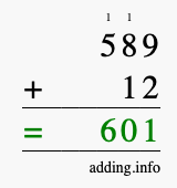 Calculate 589 + 12 using long addition