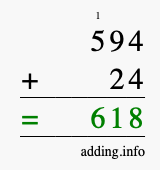 Calculate 594 + 24 using long addition