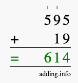 Calculate 595 + 19 using long addition