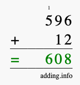 Calculate 596 + 12 using long addition