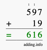Calculate 597 + 19 using long addition