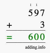 Calculate 597 + 3 using long addition