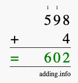 Calculate 598 + 4 using long addition