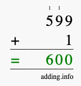 Calculate 599 + 1 using long addition