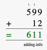 Calculate 599 + 12 using long addition