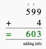 Calculate 599 + 4 using long addition