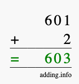 Calculate 601 + 2 using long addition