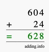 Calculate 604 + 24 using long addition