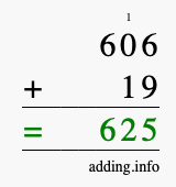 Calculate 606 + 19 using long addition