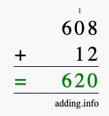 Calculate 608 + 12 using long addition