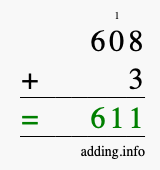 Calculate 608 + 3 using long addition