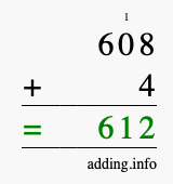 Calculate 608 + 4 using long addition