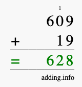 Calculate 609 + 19 using long addition