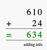Calculate 610 + 24 using long addition