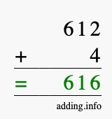 Calculate 612 + 4 using long addition