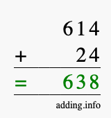 Calculate 614 + 24 using long addition