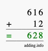 Calculate 616 + 12 using long addition