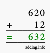 Calculate 620 + 12 using long addition