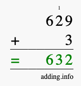 Calculate 629 + 3 using long addition