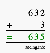 Calculate 632 + 3 using long addition