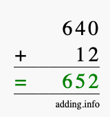 Calculate 640 + 12 using long addition