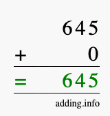 Calculate 645 + 0 using long addition