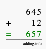 Calculate 645 + 12 using long addition