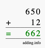 Calculate 650 + 12 using long addition