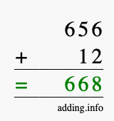 Calculate 656 + 12 using long addition