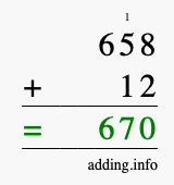Calculate 658 + 12 using long addition