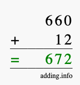 Calculate 660 + 12 using long addition