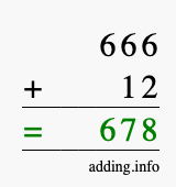 Calculate 666 + 12 using long addition