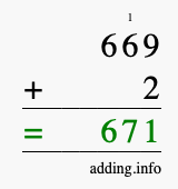 Calculate 669 + 2 using long addition