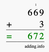 Calculate 669 + 3 using long addition