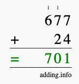 Calculate 677 + 24 using long addition