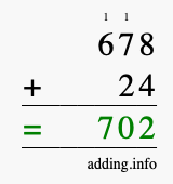 Calculate 678 + 24 using long addition