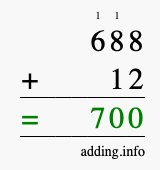 Calculate 688 + 12 using long addition