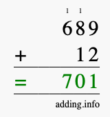 Calculate 689 + 12 using long addition