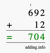 Calculate 692 + 12 using long addition