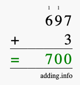 Calculate 697 + 3 using long addition