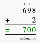 Calculate 698 + 2 using long addition
