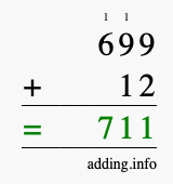 Calculate 699 + 12 using long addition